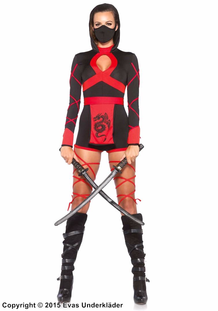 Kvinnelig ninja (også kjent som kunoichi), kostyme-romper, forkle, hette, nøkkelhull